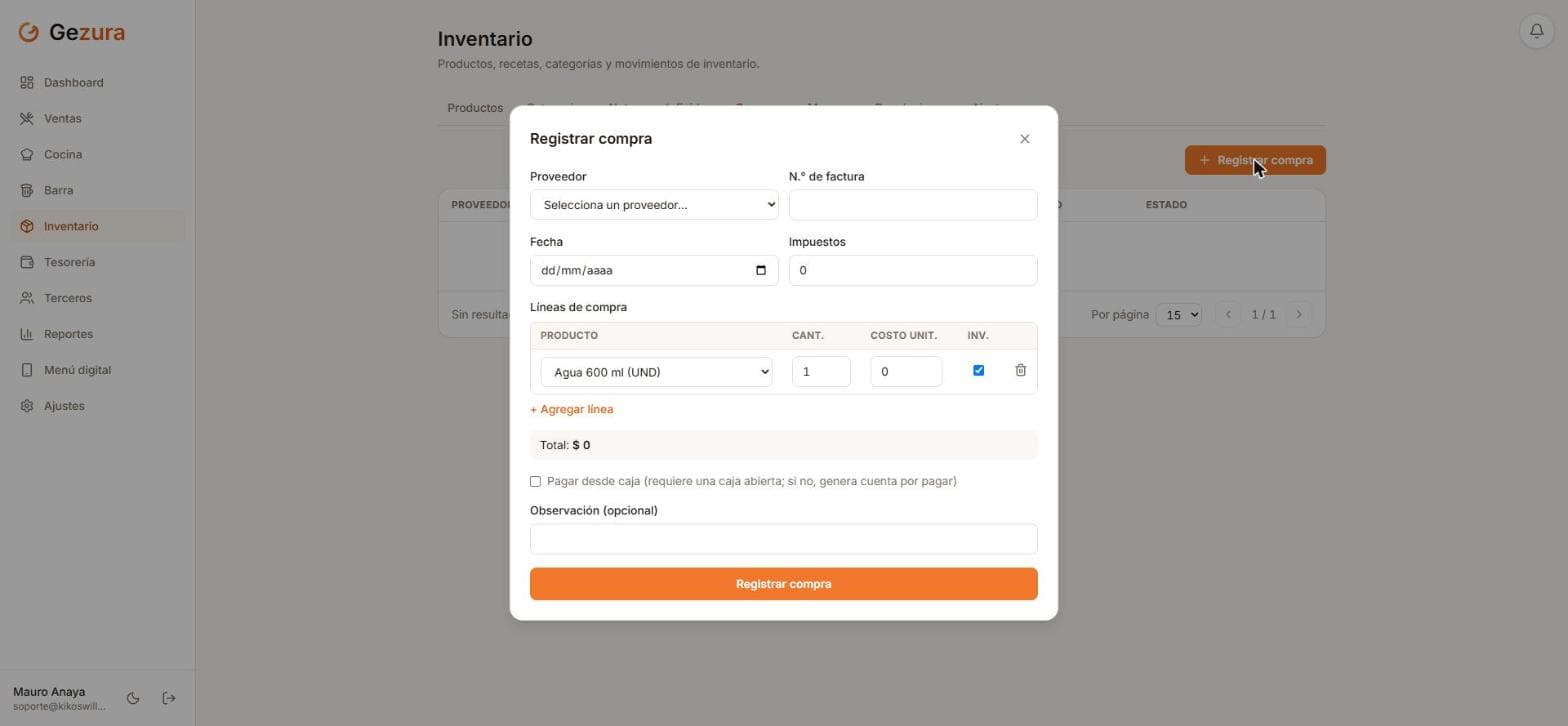 Formulario de registrar compra en Gezura, con proveedor, líneas de compra y total