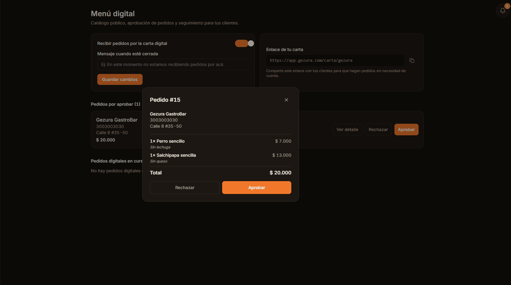 Panel de menú digital de Gezura mostrando un pedido por aprobar con su detalle y total