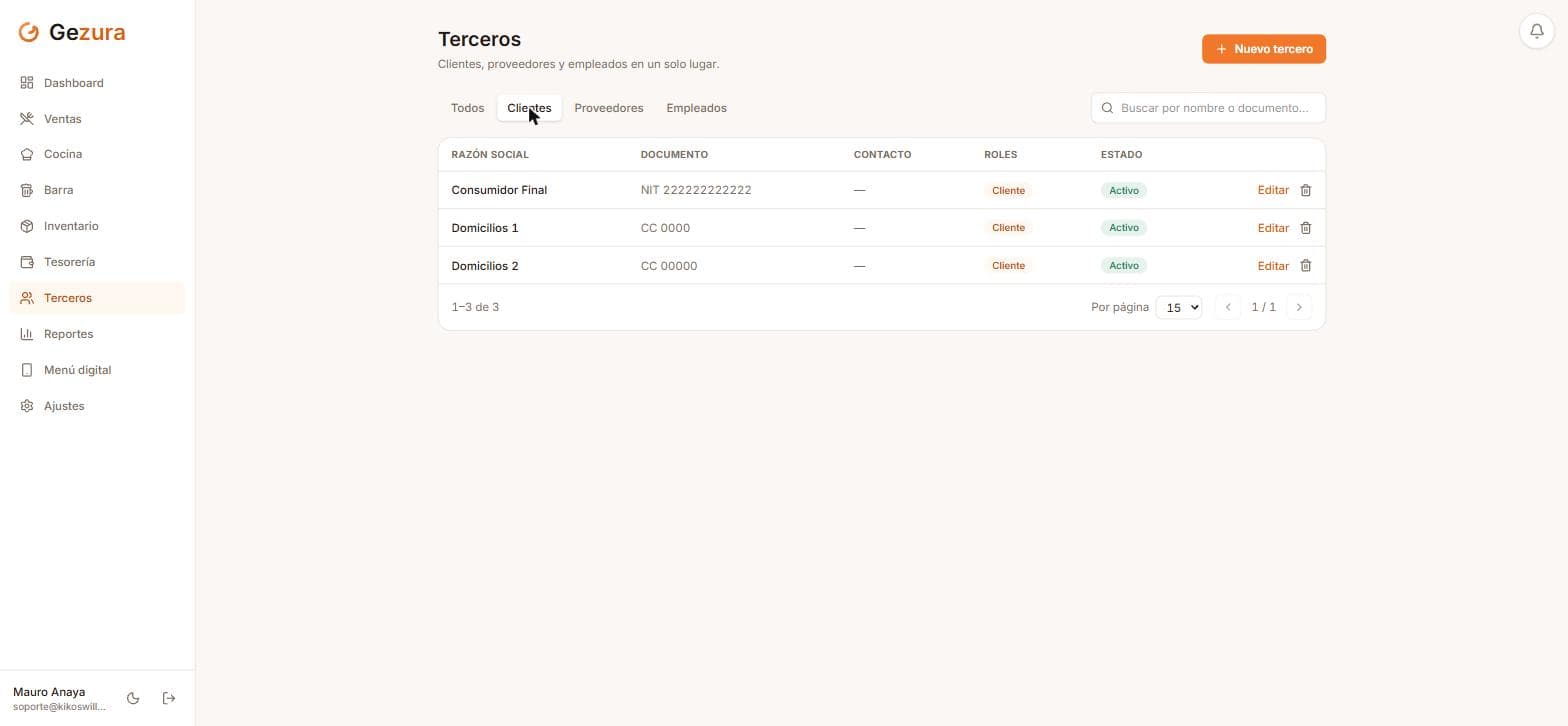 Listado de clientes en Gezura: Consumidor Final y clientes de domicilio